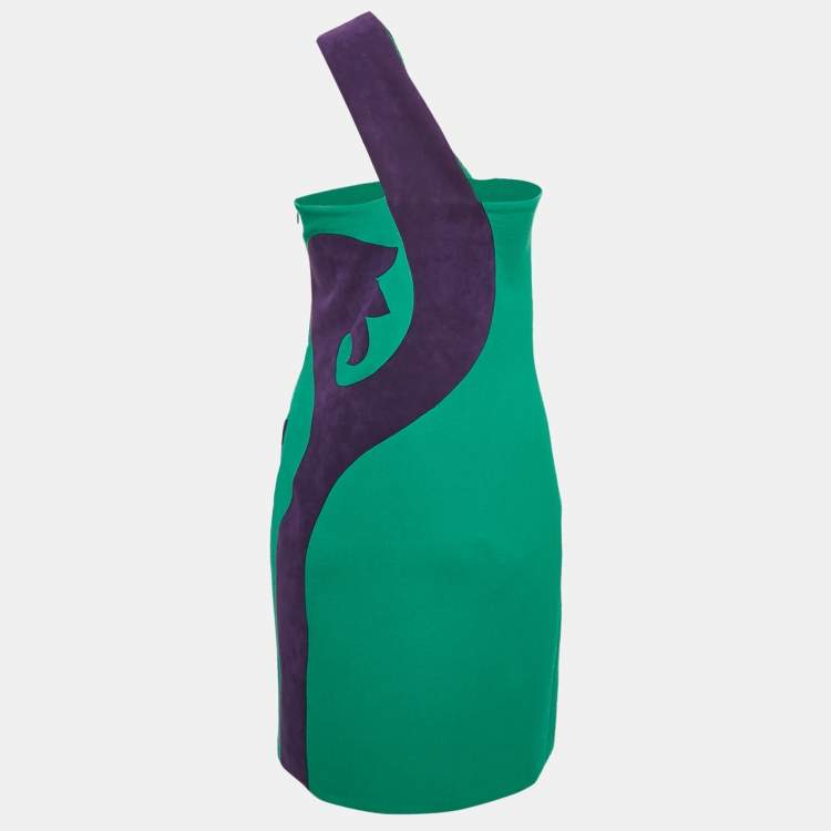 Pre Owned Versace Green Wool Applique Detail One-Shoulder Mini Dress S