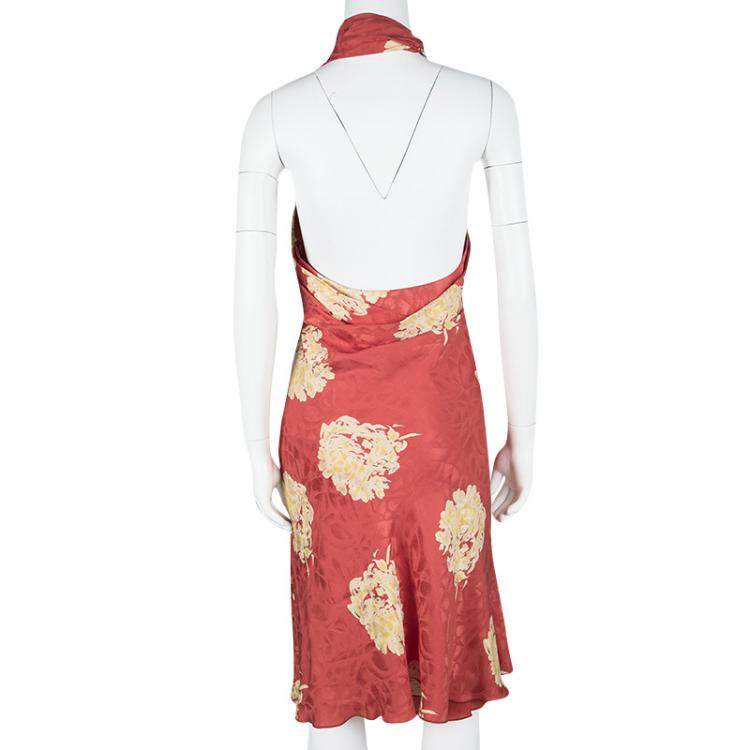 مملوكة مسبقًا Versace Classic Vintage Orange Floral Print Buckle Detail Draped Halter Dress L