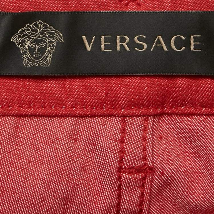 Pre Owned Versace Red Denim Medusa Stud Detail Jeans S Waist 28"