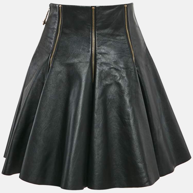 Pre Owned Versace Black Leather Zipper Detail Flared Mini Skirt M