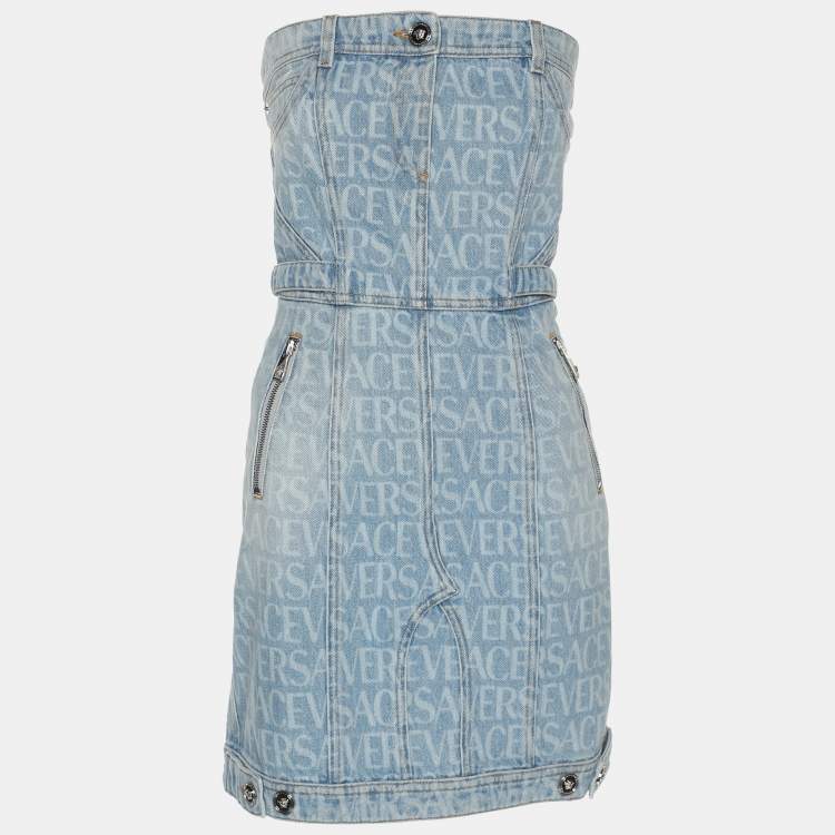Pre Owned Versace Blue Logo Print Denim Strapless Mini Dress M