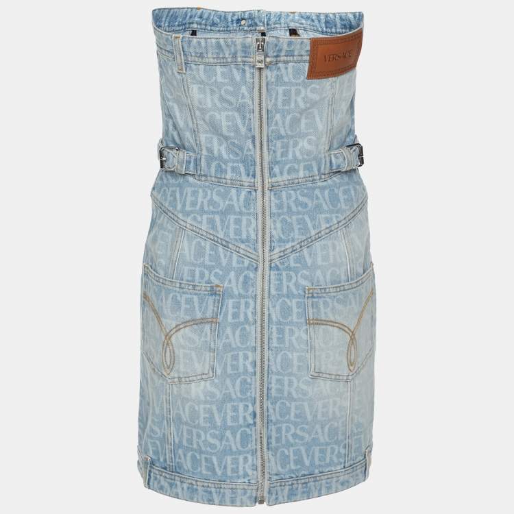Pre Owned Versace Blue Logo Print Denim Strapless Mini Dress M