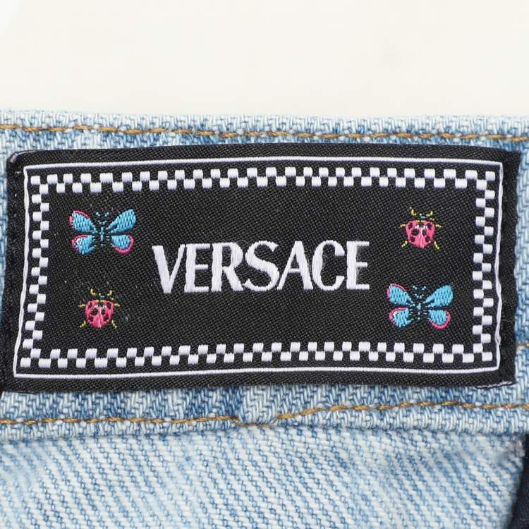 Pre Owned Versace Blue Logo Print Denim Strapless Mini Dress M
