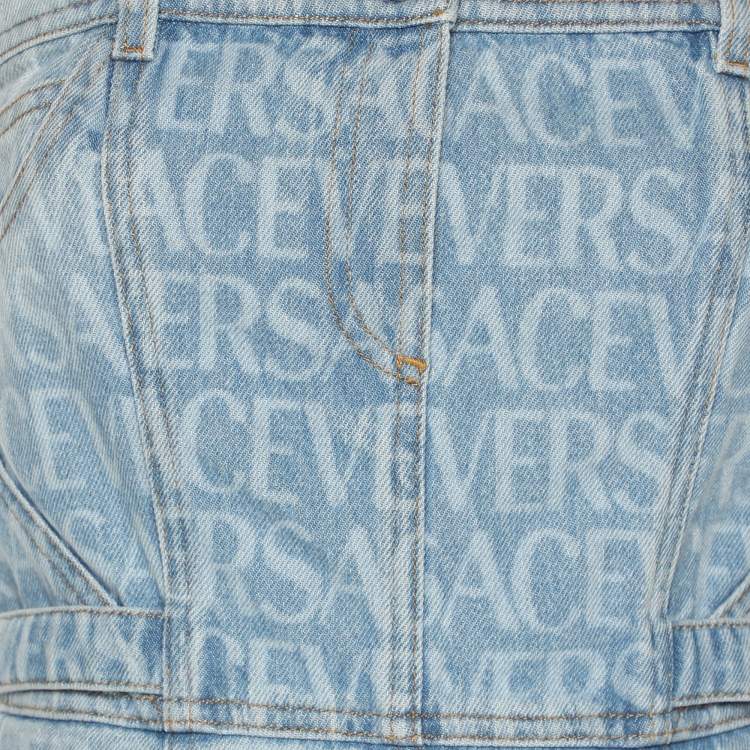 Pre Owned Versace Blue Logo Print Denim Strapless Mini Dress M