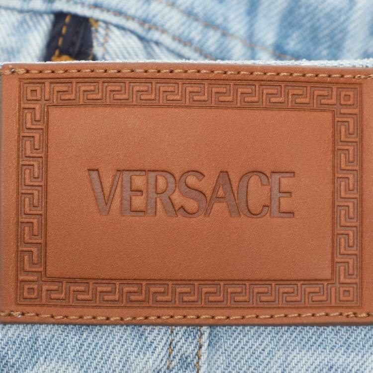 Pre Owned Versace Blue Logo Print Denim Strapless Mini Dress M