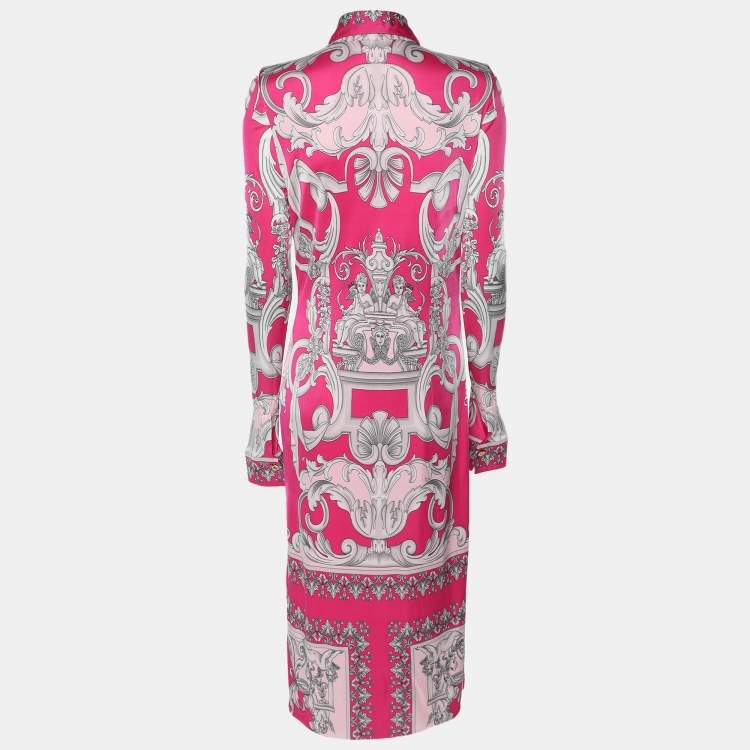 Pre Owned Versace Pink/Silver Satin Baroque Cutout Midi Shirt Dress S
