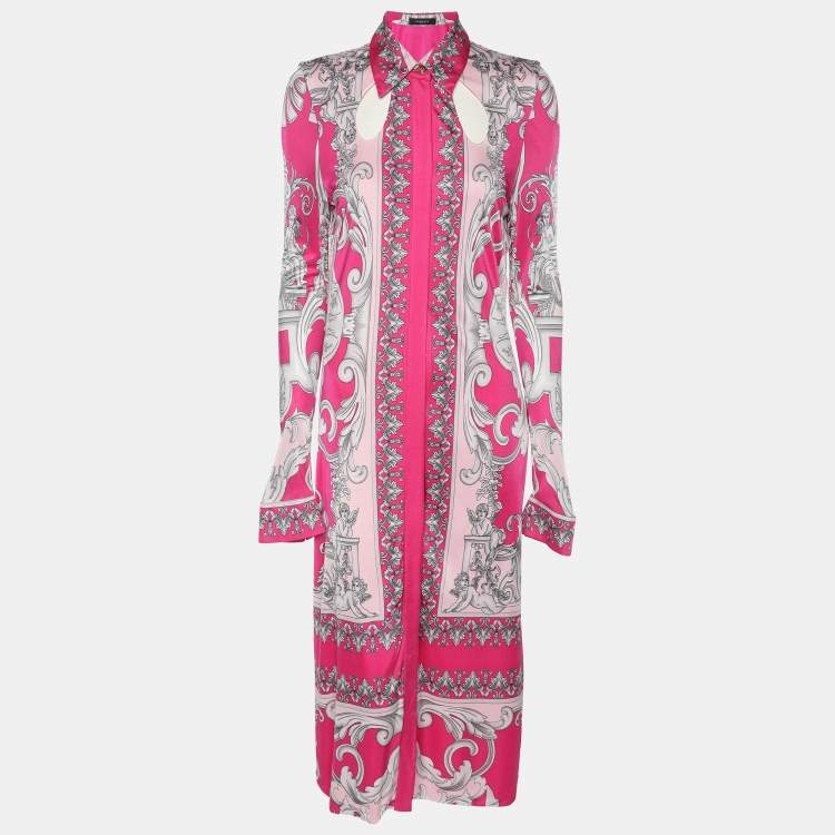 Pre Owned Versace Pink/Silver Satin Baroque Cutout Midi Shirt Dress S