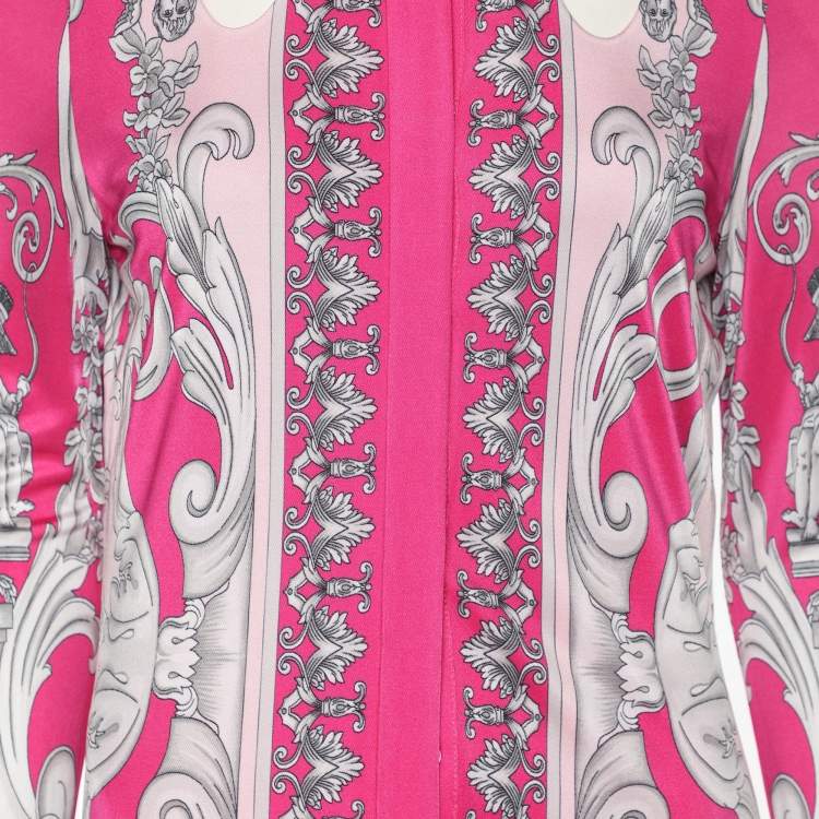 Pre Owned Versace Pink/Silver Satin Baroque Cutout Midi Shirt Dress S