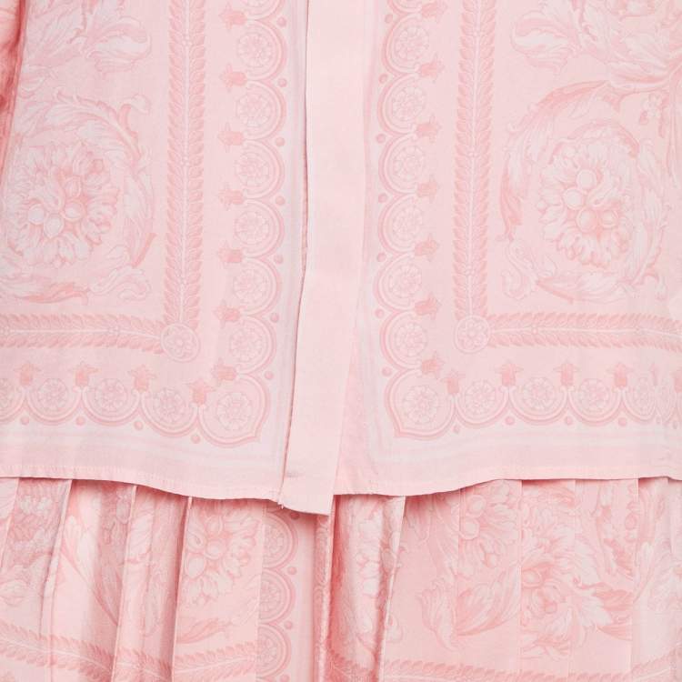 Pre Owned Versace Pink Barocco Print Silk Shirt and Skirt Set S