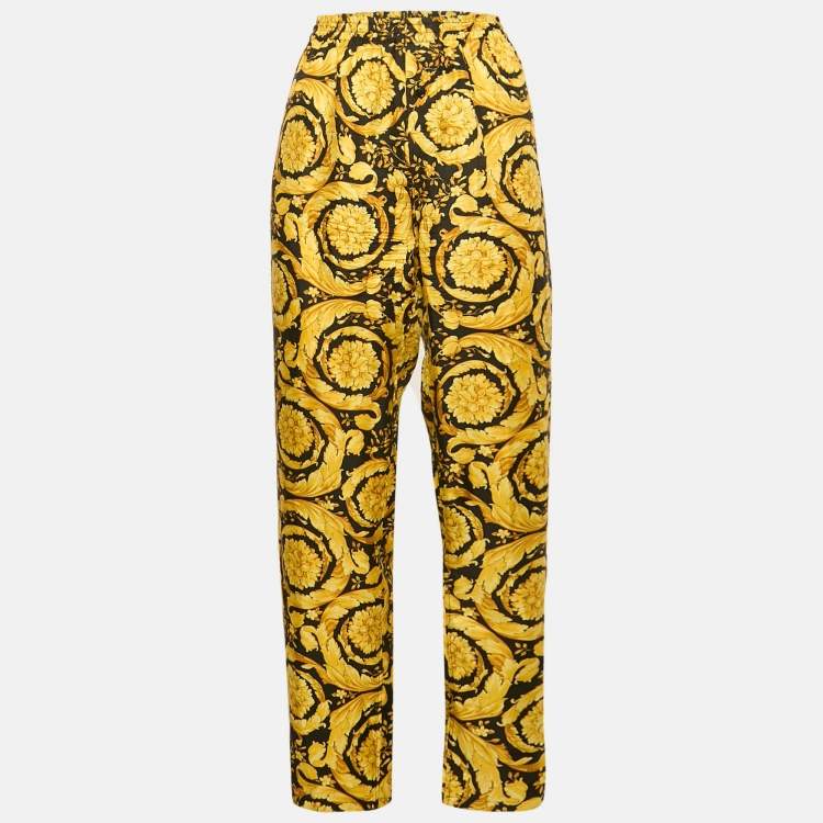 Pre Owned Versace Yellow Silk Greca Border Barocco Pyjama Pants M