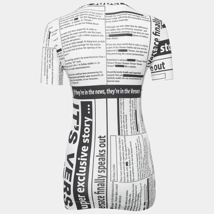 Pre Owned Versace White Newspaper Print Cotton Crew Neck T-Shirt S