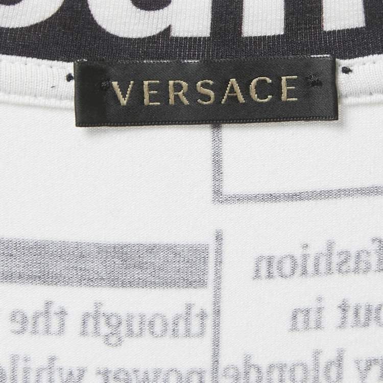 Pre Owned Versace White Newspaper Print Cotton Crew Neck T-Shirt S