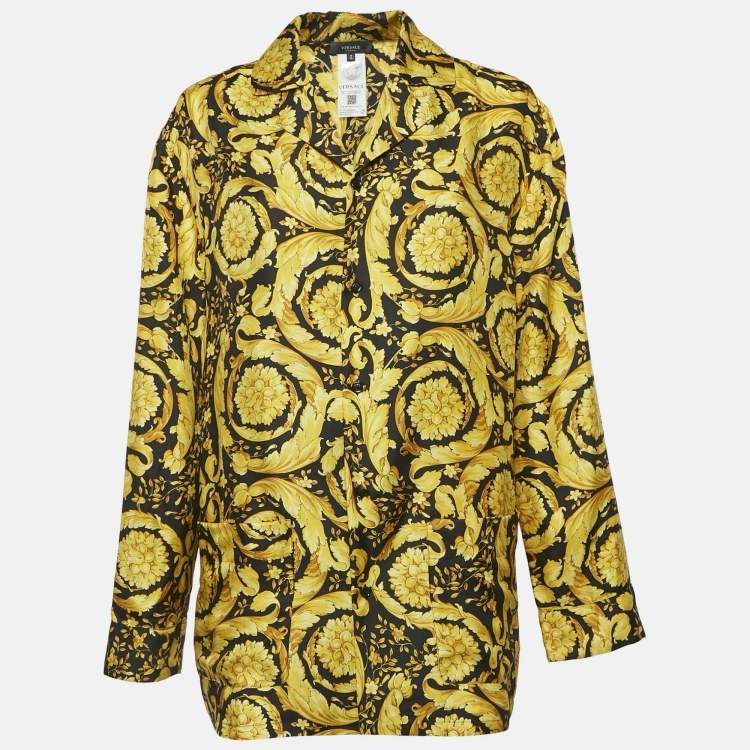 Pre Owned Versace Yellow Barocco Print Silk Pajama Shirt S