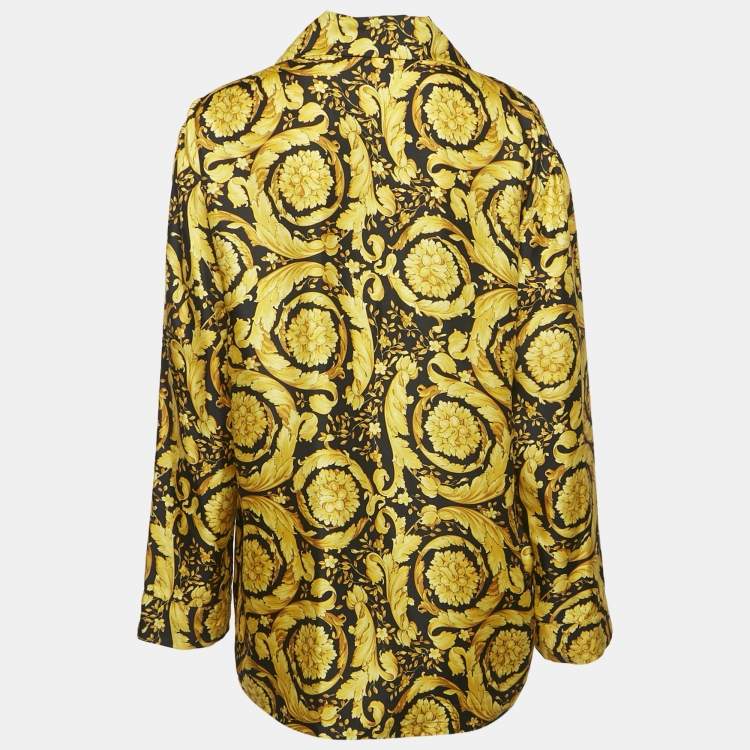 Pre Owned Versace Yellow Barocco Print Silk Pajama Shirt S