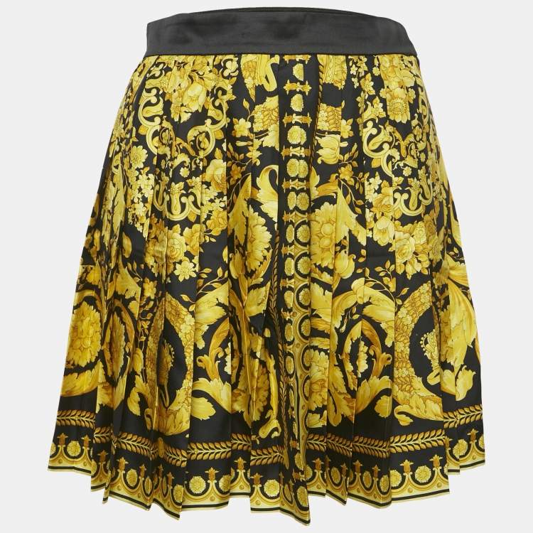 Pre Owned Versace Tribute Black Baroque Print Silk Pleated Mini Skirt S