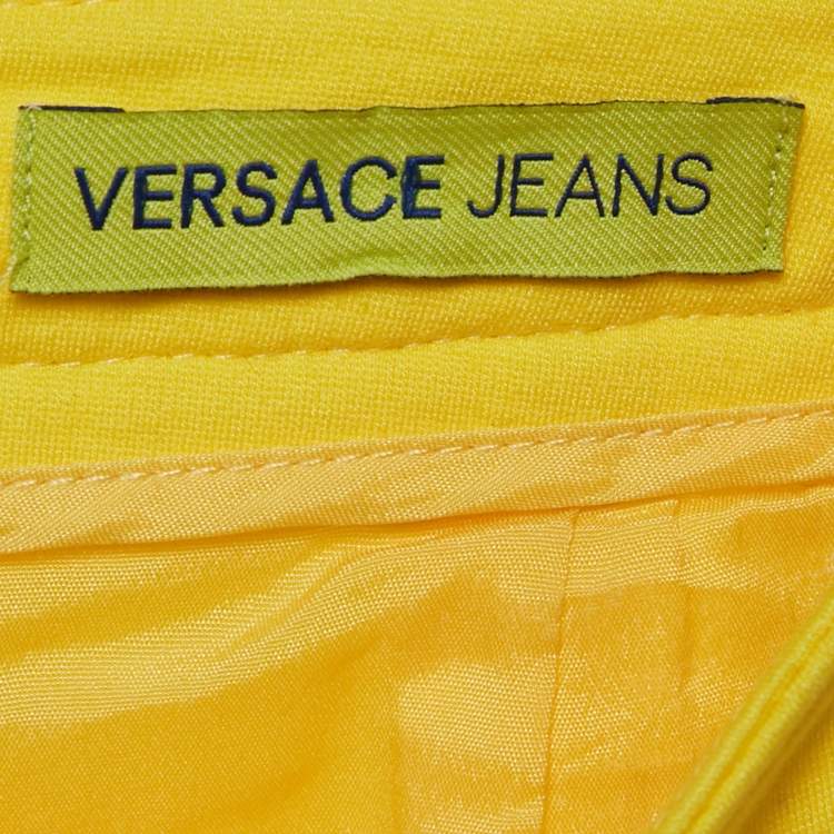 Pre Owned Versace Yellow Jersey Metal Detail Mini Dress S