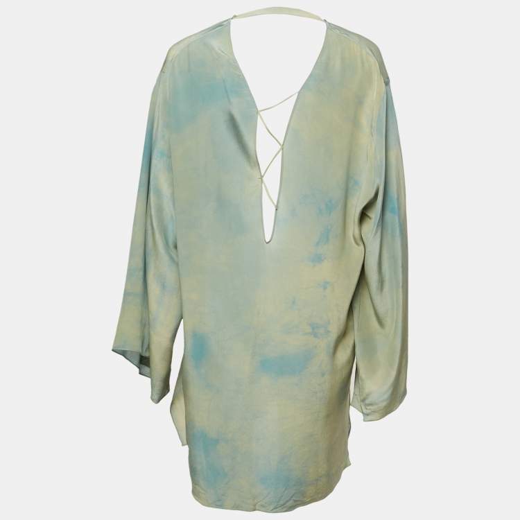 Pre Owned Versace Blue Abstract Print Silk Lace-Up Mini Dress L