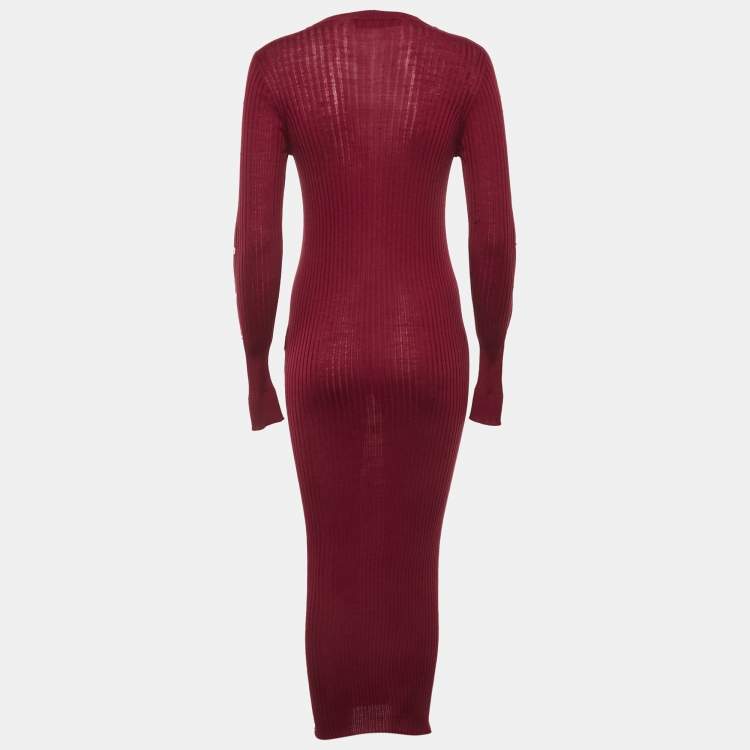 Pre Owned Versace Burgundy Wool Knit Button Detail Maxi Dress M