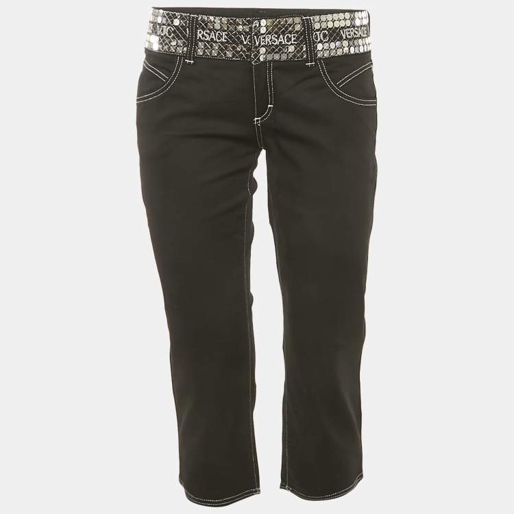 Versace Black Gabardine Cotton Waist Sequin Detail Capri