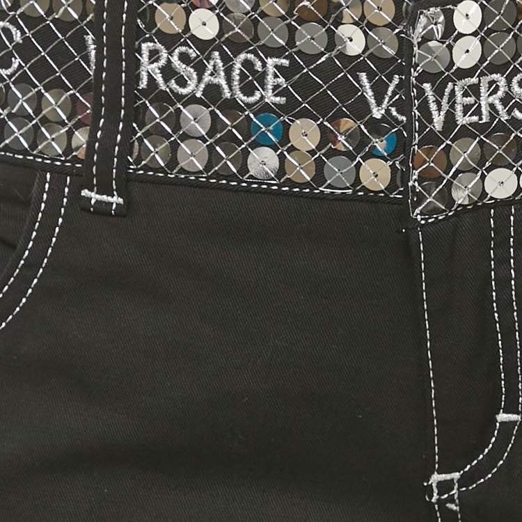 Pre Owned Versace Black Gabardine Cotton Waist Sequin Detail Capri Pants M