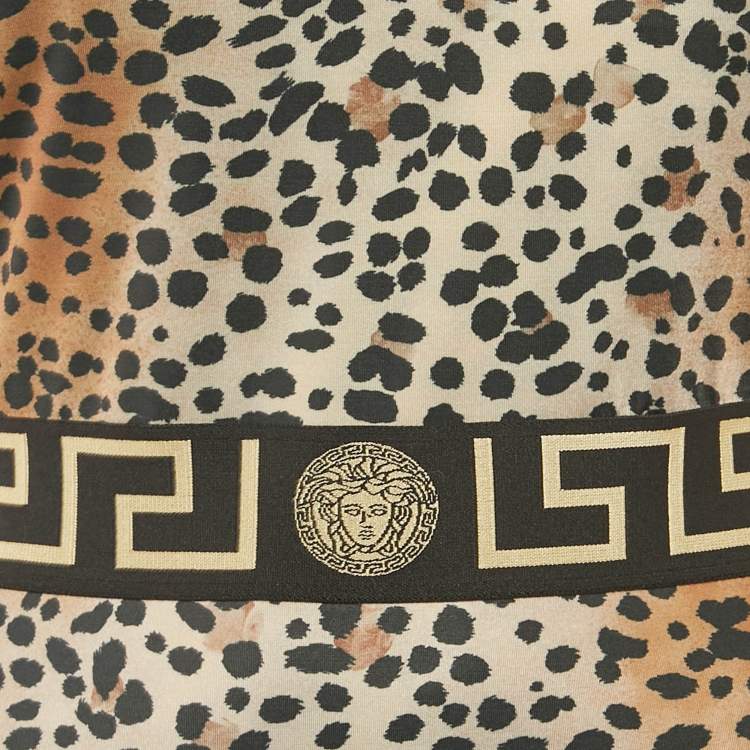 Pre Owned Versace Brown Leopard Print Jersey Greca Trim Swimsuit S