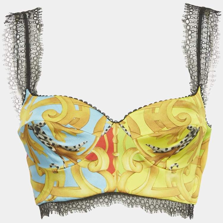 Pre Owned Versace Yellow Printed Lace Detaiil Bralette S