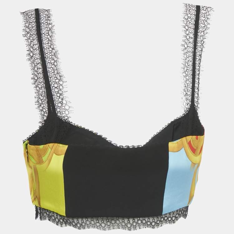 Pre Owned Versace Yellow Printed Lace Detaiil Bralette S
