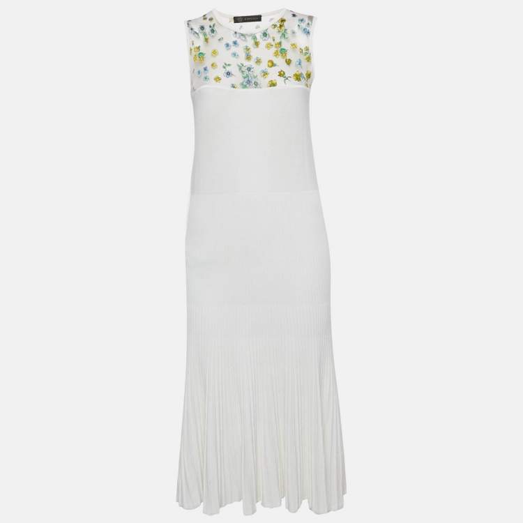 Pre Owned Versace White Floral Print Mesh and Knit Flared Midi Dress L