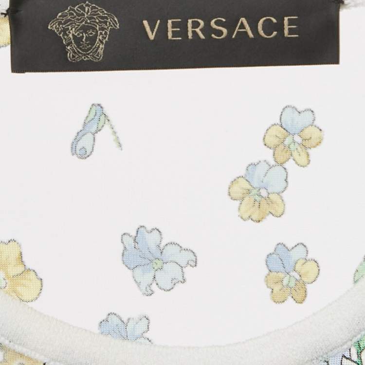 Pre Owned Versace White Floral Print Mesh and Knit Flared Midi Dress L