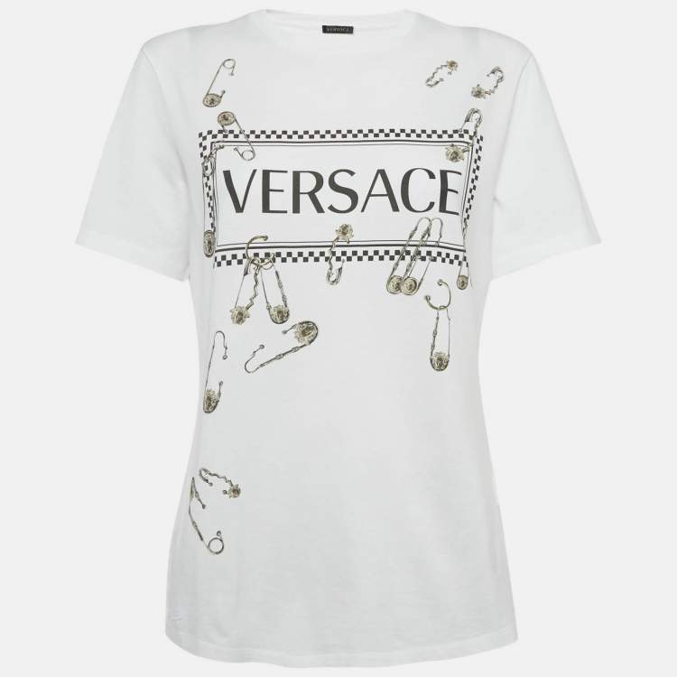 Pre Owned Versace White Logo and Pin Print Cotton Crew Neck T-Shirt M