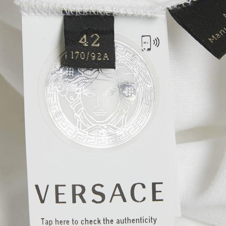 Pre Owned Versace White Logo and Pin Print Cotton Crew Neck T-Shirt M