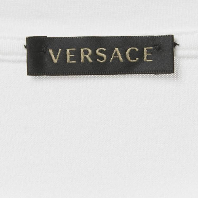 Pre Owned Versace White Logo and Pin Print Cotton Crew Neck T-Shirt M