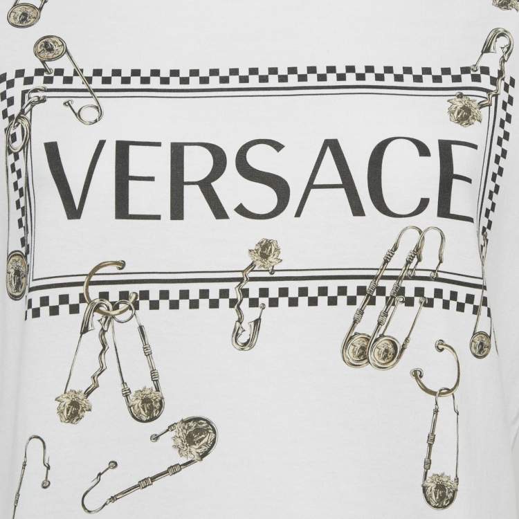 Pre Owned Versace White Logo and Pin Print Cotton Crew Neck T-Shirt M
