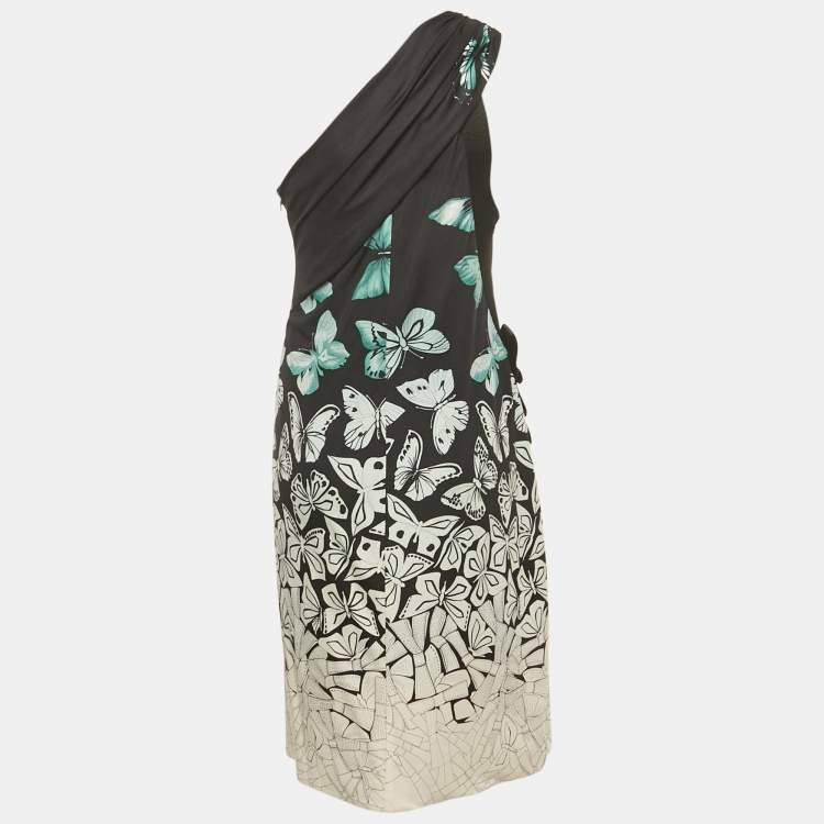 Pre Owned Versace Black Butterfly Print Jersey One Shoulder Dress L