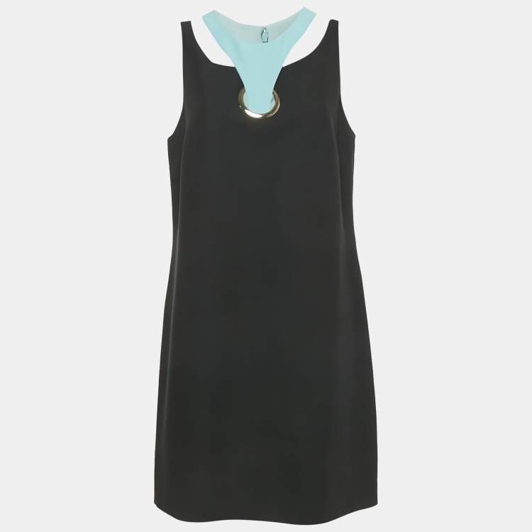 Pre Owned  Versace Black Silk Cut Out Neck Paneled Mini Dress L