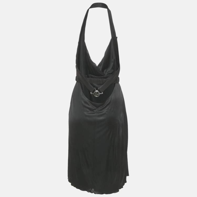 Pre Owned Versace Black Jersey & Silk Halter Neck Backless Belted Mini Dress M