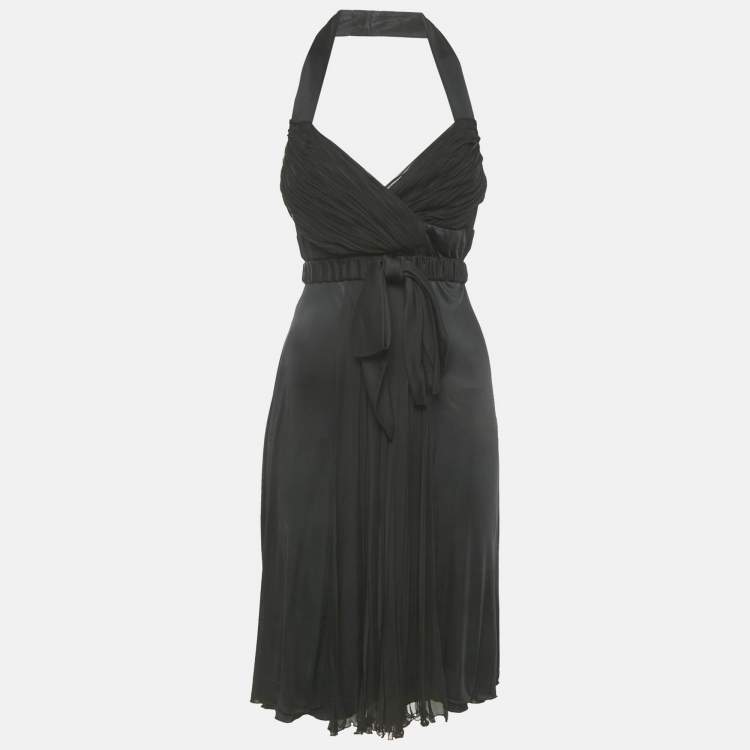 Pre Owned Versace Black Jersey & Silk Halter Neck Backless Belted Mini Dress M