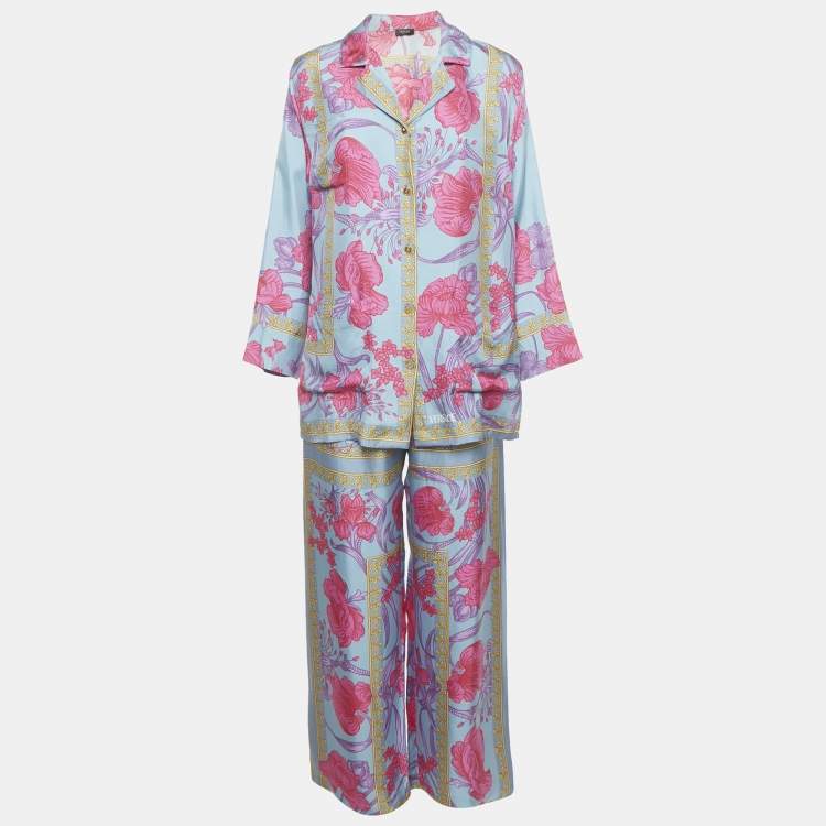 Pre Owned Versace Blue/Pink Floral Print Silk Shirt and Pants Set S/M