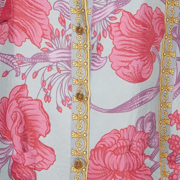 Pre Owned Versace Blue/Pink Floral Print Silk Shirt and Pants Set S/M