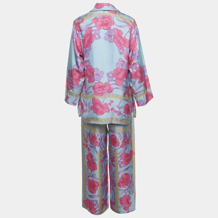 Pre Owned Versace Blue/Pink Floral Print Silk Shirt and Pants Set S/M