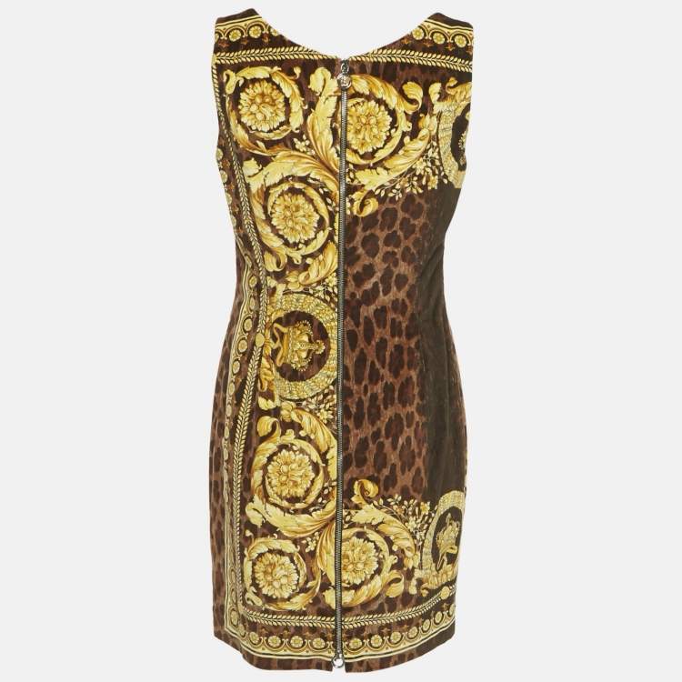 Pre Owned Versace Brown Printed Velvet Sleeveless Mini Dress L