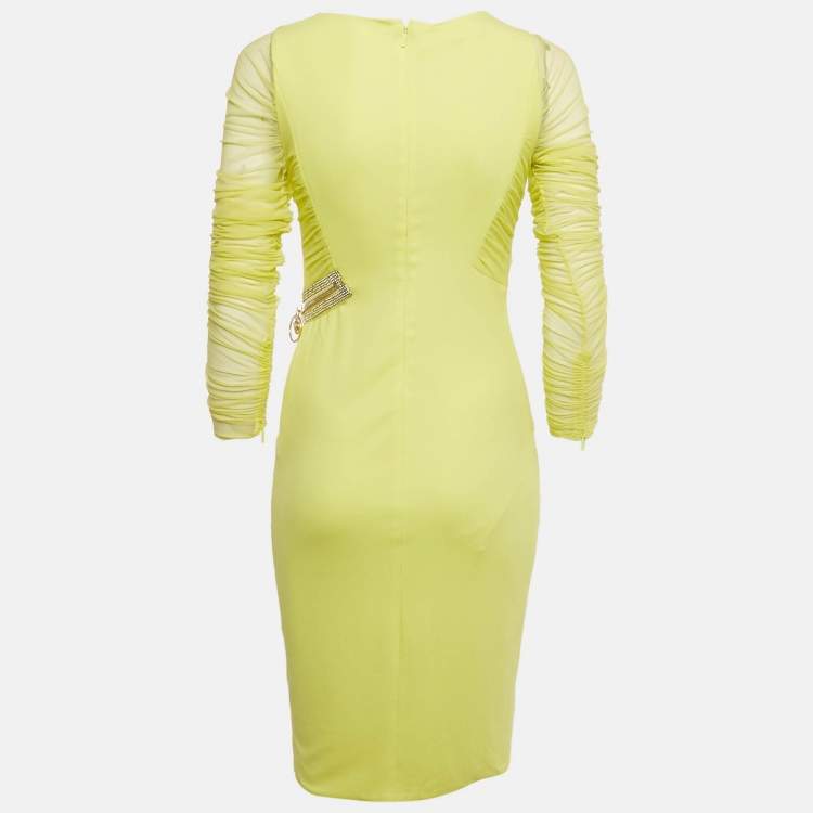 Pre Owned  Versace Neon Yellow Embellished Detail Mesh & Jersey Short Dress M 