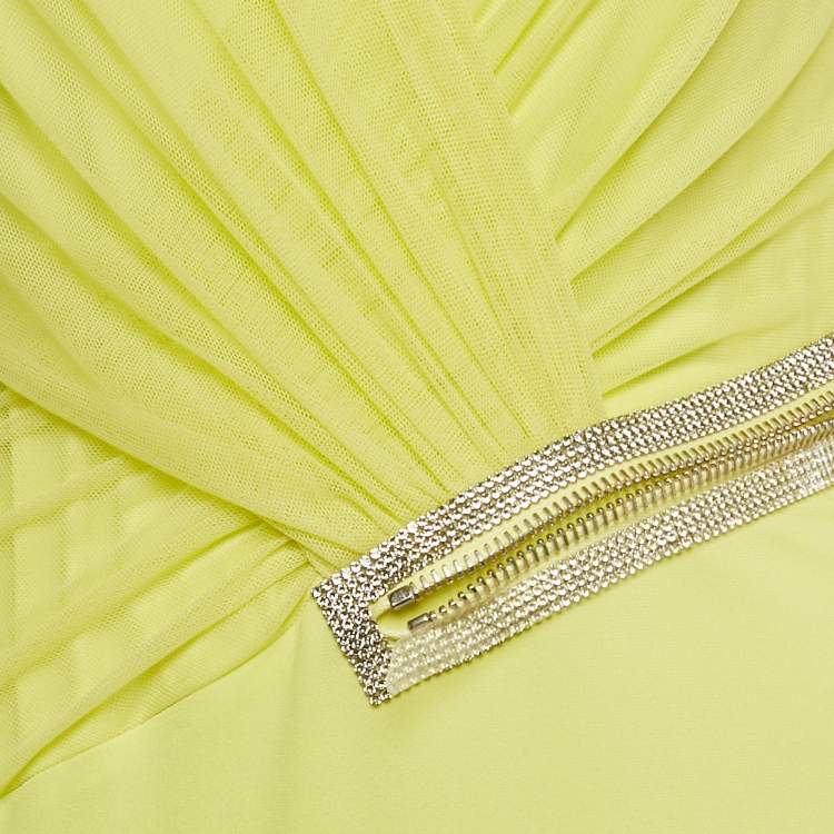 Pre Owned  Versace Neon Yellow Embellished Detail Mesh & Jersey Short Dress M 