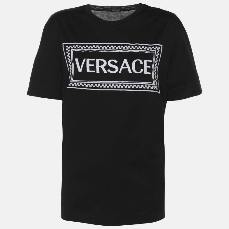 Pre Owned Versace Black Logo Embroidery Cotton Crew Neck T-Shirt M
