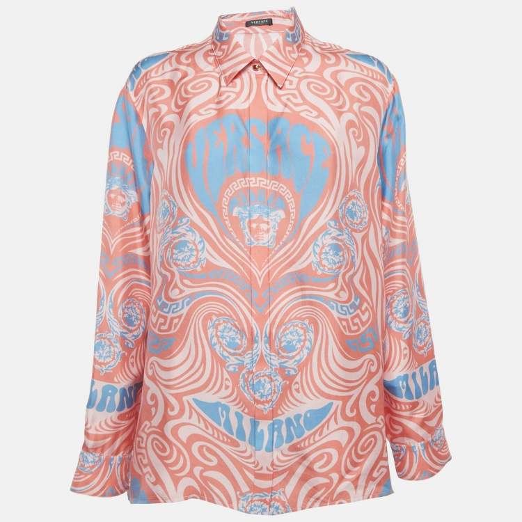 Pre Owned Versace Pink Printed Silk Medusa Music Shirt XL  
