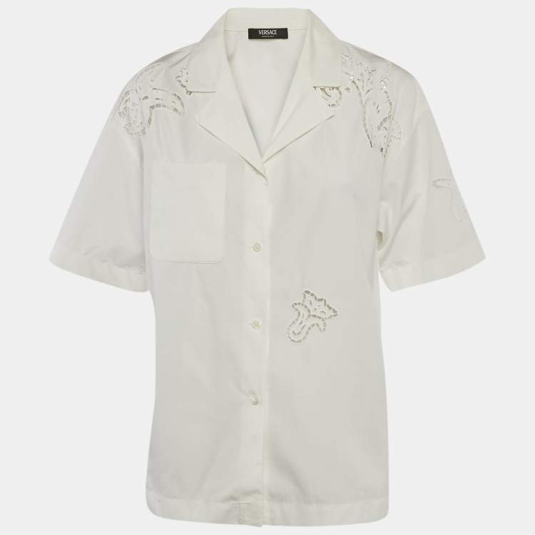 مملوكة مسبقًا Versace White Cotton Poplin Short Sleeve Sangallo Shirt S