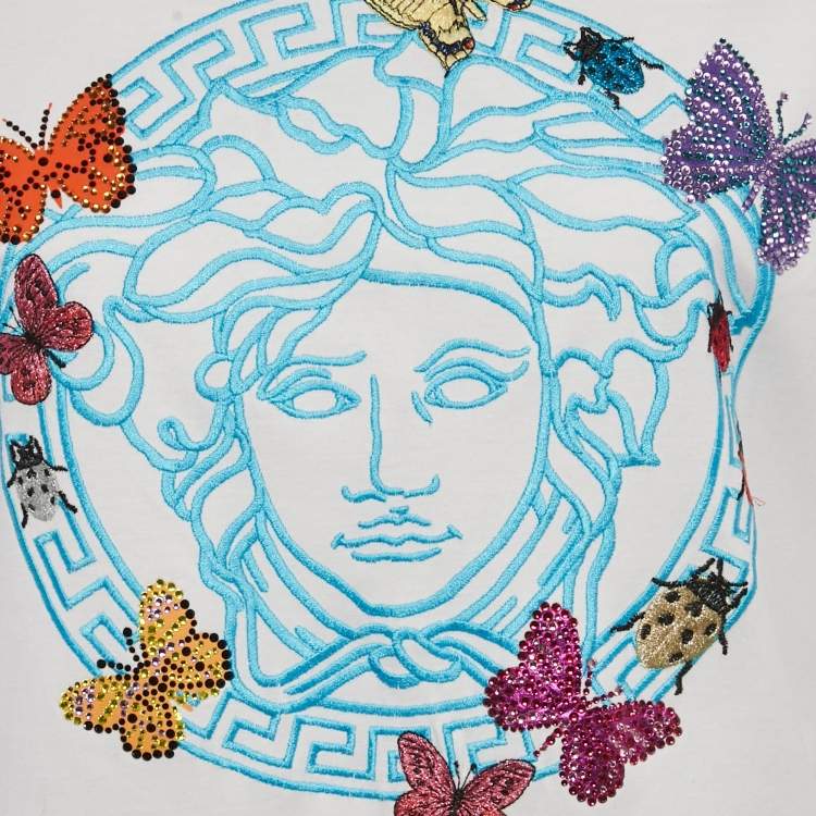 Pre Owned Versace White Cotton Medusa Butterfly Embellished Crew Neck T-Shirt M