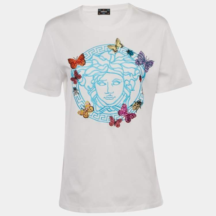 Pre Owned Versace White Cotton Medusa Butterfly Embellished Crew Neck T-Shirt M