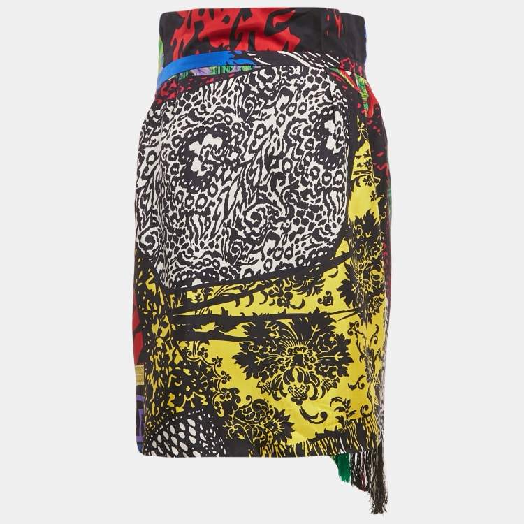 Pre Owned Versace Multicolor Printed Silk Fringed Short Skirt L