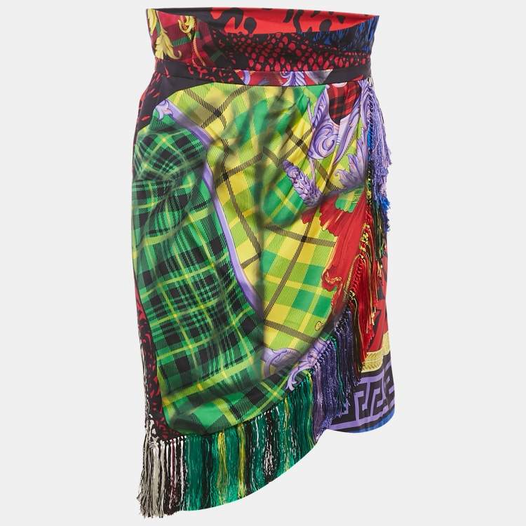 Pre Owned Versace Multicolor Printed Silk Fringed Short Skirt L
